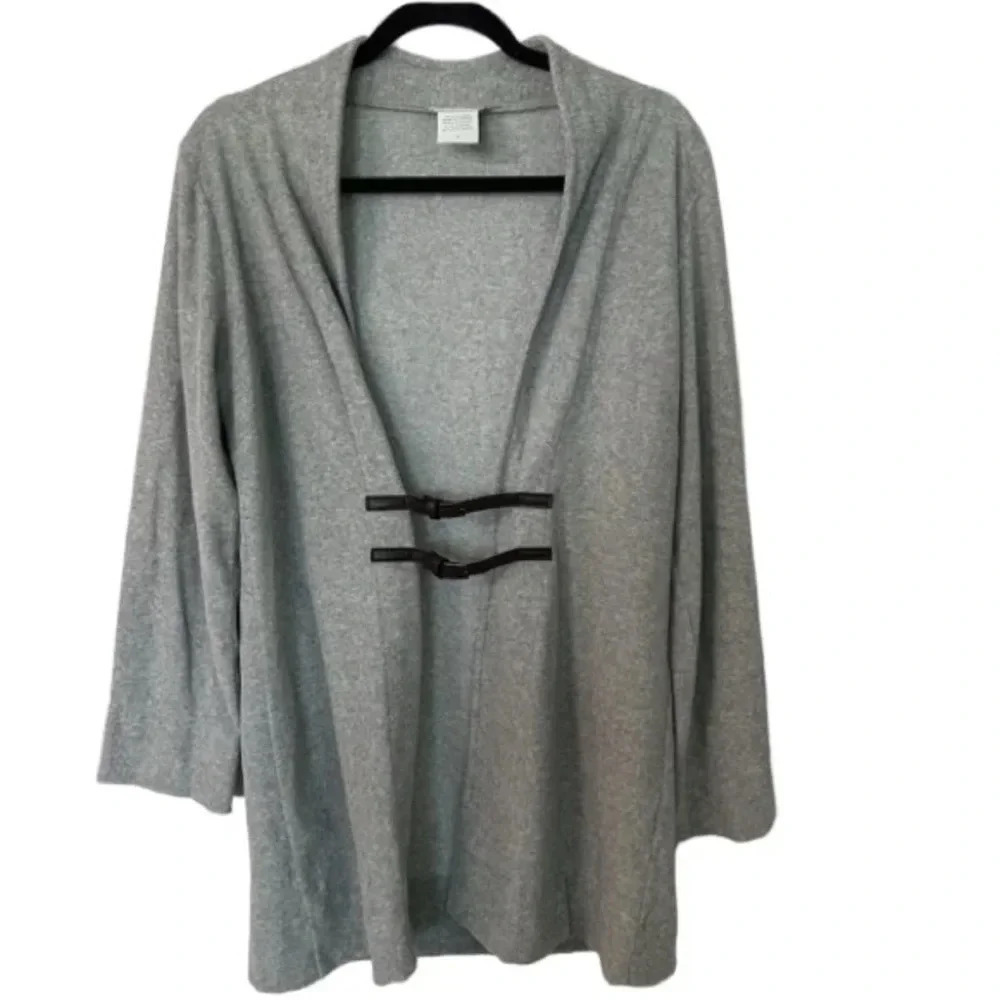 Soft Surroundings Women’s Gray Open Front with Leather Buckles Cardigan Sz M GUC